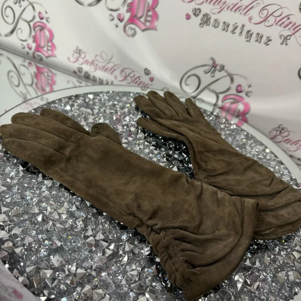 Holt renfrew gloves mittens taupe brown grey nude leather silk cinched sides 7